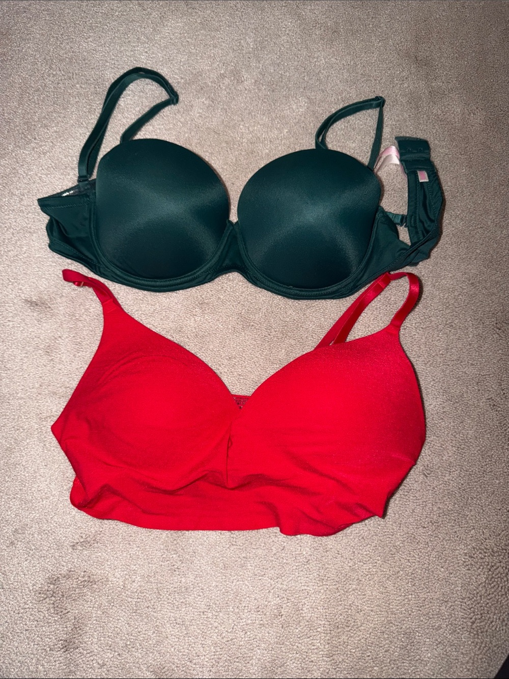 PINK Victoria's Secret Red & Dark Green Bra Duo